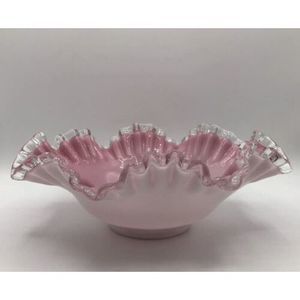 Fenton Pink Peach Blow Silver Crest Bride’s Bowl 9” Double Crimped Encased Glass